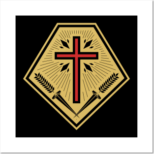 Christian illustration. Cross on the shield. Posters and Art